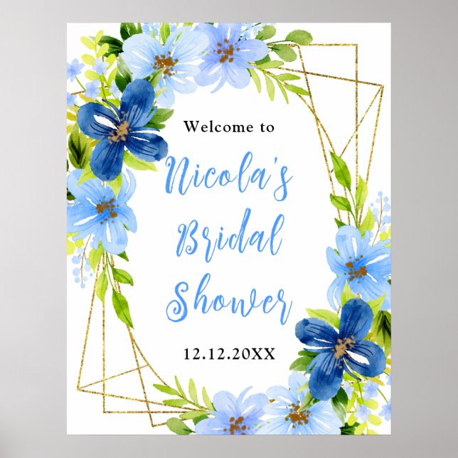 Poster Blue and Navy Flowers Bridal Shower Welcome (Frente)