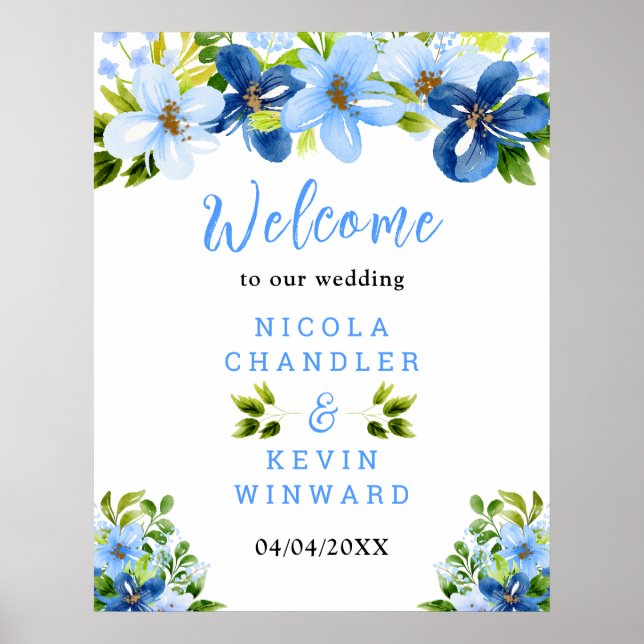 Poster Blue and Navy Flowers Wedding Welcome Sign (Frente)