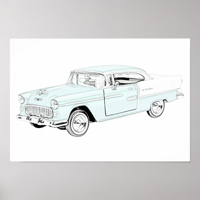 Poster Blue and White 1955 Chevy Bel Air Drawing (Frente)