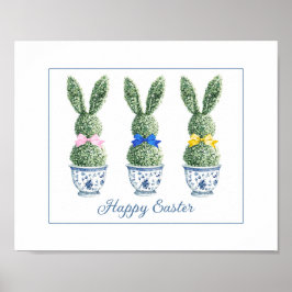 Poster Blue and White Chinoiserie With Rabbit Topiaries