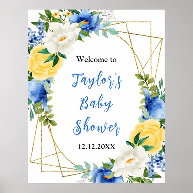 Poster Blue and Yellow Floral Baby Shower Welcome Sign (Frente)