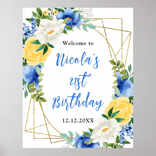 Poster Blue and Yellow Floral Birthday Welcome (Frente)