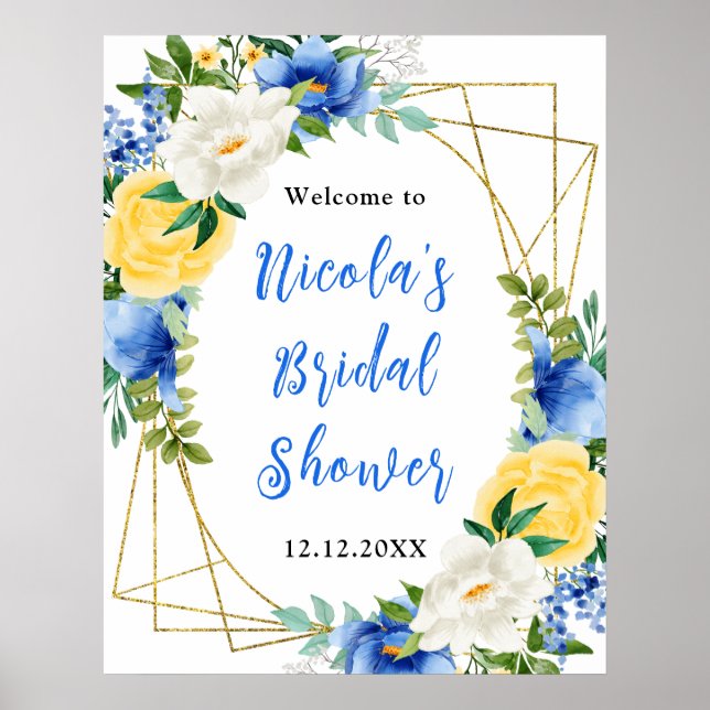 Poster Blue and Yellow Floral Bridal Shower Welcome (Frente)