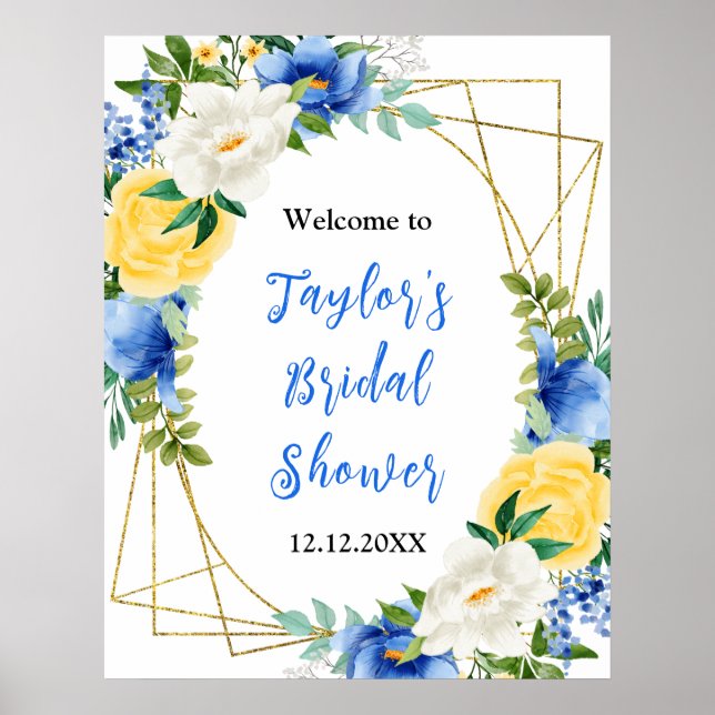 Poster Blue and Yellow Floral Bridal Shower Welcome Sign (Frente)