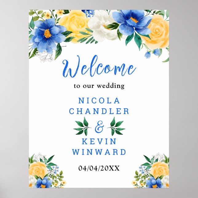 Poster Blue and Yellow Floral Wedding Welcome Sign (Frente)