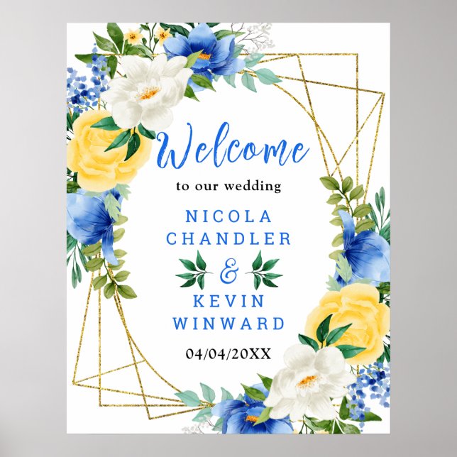 Poster Blue and Yellow Floral Wedding Welcome Sign (Frente)