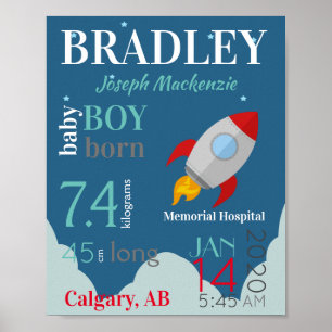 Poster Blue Baby Birth Sign with Red Space Rocket