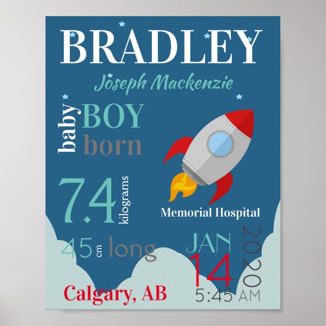 Poster Blue Baby Birth Sign with Red Space Rocket (Frente)