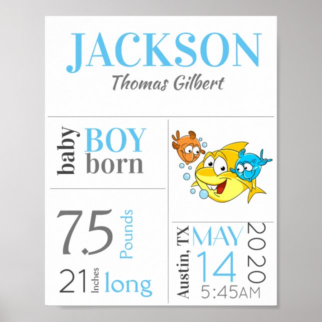 Poster Blue Baby Birth Stat Sign with Baby Shark (Frente)