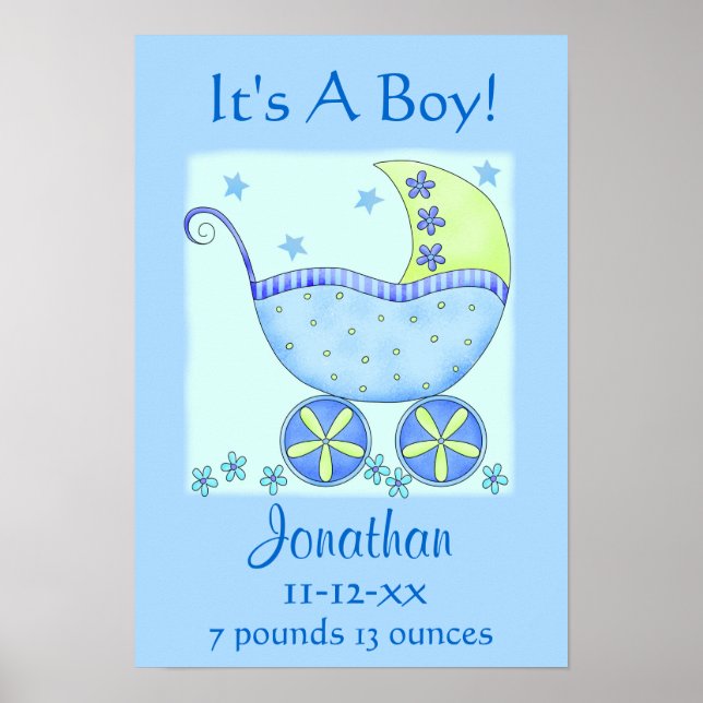 Poster Blue Baby Buggy Boy Name Birth Anúncio Arte (Frente)
