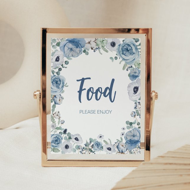 Poster Blue Baby in Bloom Chá de fraldas Comida (Dusty Blue Wildflower Baby Shower Food Sign)