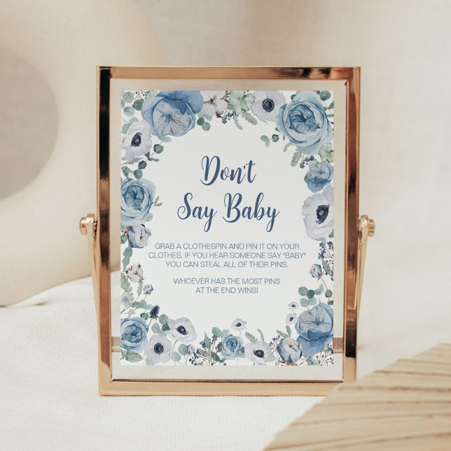 Poster Blue Baby in Bloom Chá de fraldas Don't say Baby (Dusty Blue Wildflower Baby Shower Don't Say Baby Sign)