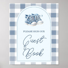 Poster Blue Baby Shoes Gingham Baby Shower Guest Book