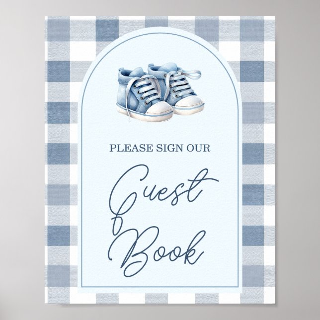 Poster Blue Baby Shoes Gingham Baby Shower Guest Book (Frente)
