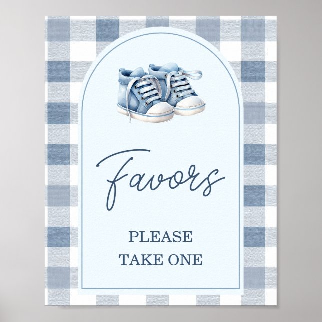 Poster Blue Baby Shoes Gingham Booties Baby Shower Favors (Frente)