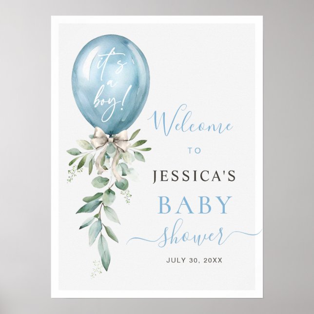 Poster Blue Balloon Bow Greenery Baby Shower Welcome (Frente)