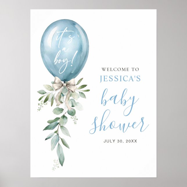 Poster Blue Balloon Greenery Baby Shower Welcome (Frente)