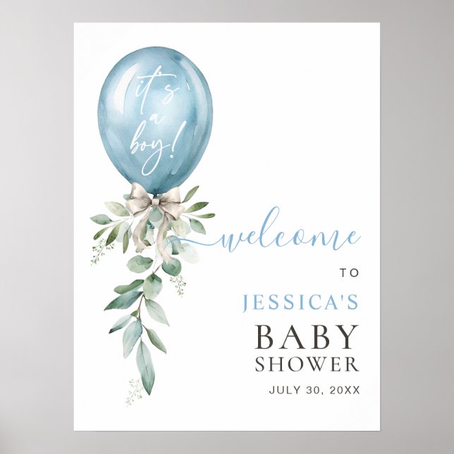 Poster Blue Balloon Greenery Bow Baby Shower Welcome (Frente)