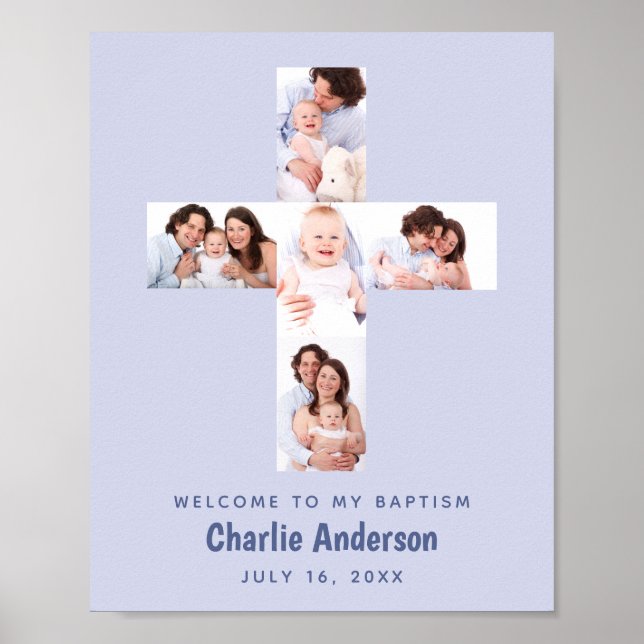 Poster Blue Baptism Cross 5 Photo Collage Boy Christening (Frente)