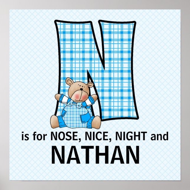 Poster Blue Bear Monogrammed Letter N Baby Room (Frente)