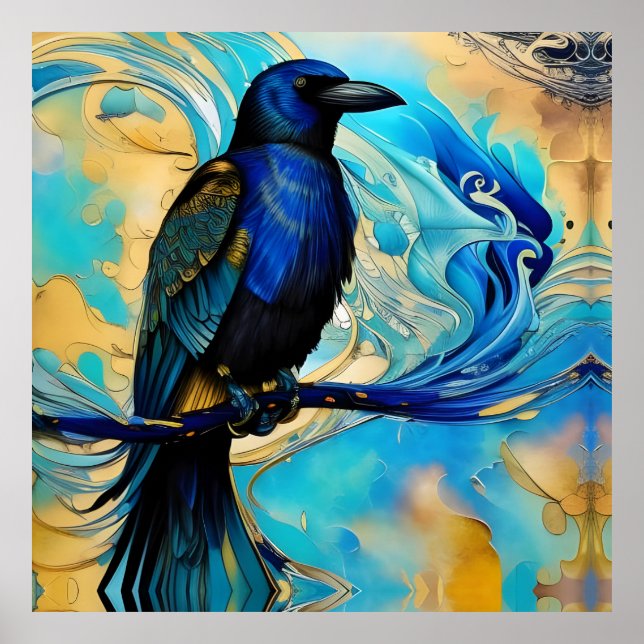 Poster Blue Black Raven em abstrato azul e dourado (Frente)