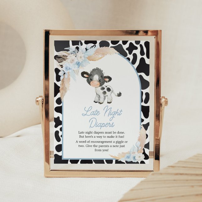 Poster Blue Boho Highland Cow Baby Tarde Fraldas Noturnas (Bohemian Floral Farm Baby Shower Late Night Diapers Sign)