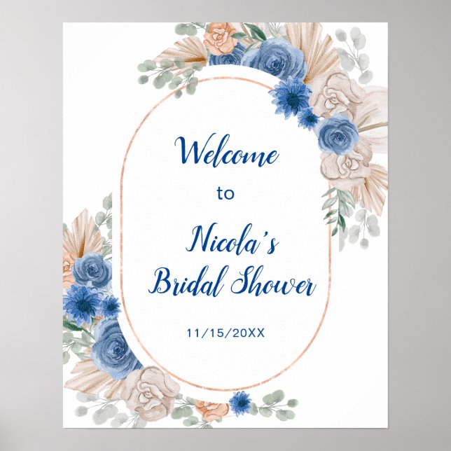 Poster Blue Boho Pampas Grass Bridal Shower (Frente)