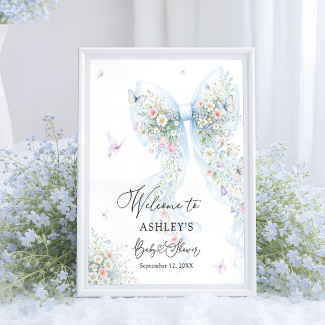 Poster Blue Bow Butterfly Baby Shower Welcome (Criador carregado)