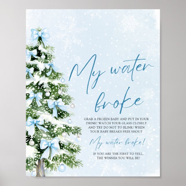Poster Blue Bow Christmas Tree My Water Broke Baby Shower (Frente)