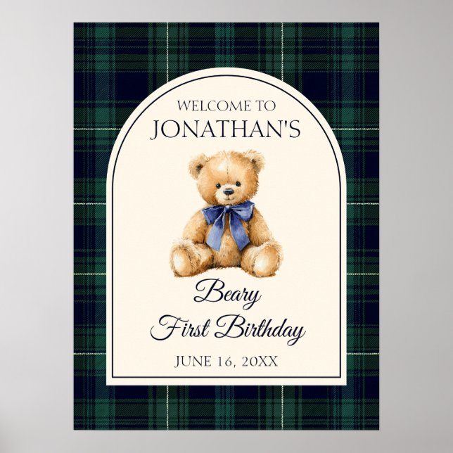 Poster Blue Bow Teddy Bear Birthday Welcome Sign (Frente)