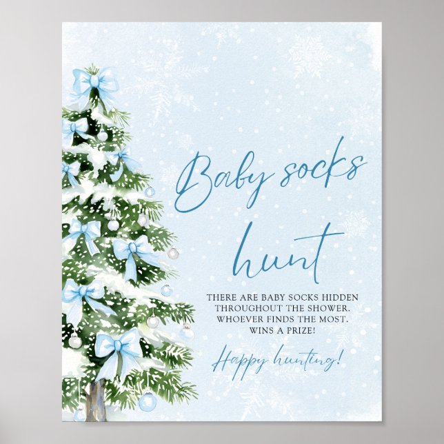 Poster Blue Bows Christmas Tree Baby Socks Hunt Game (Frente)