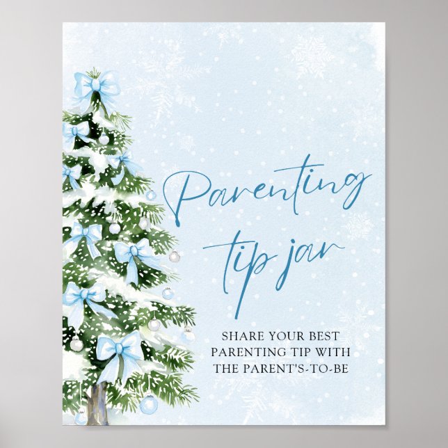 Poster Blue Bows Christmas Tree Parenting Tip Jar Game (Frente)