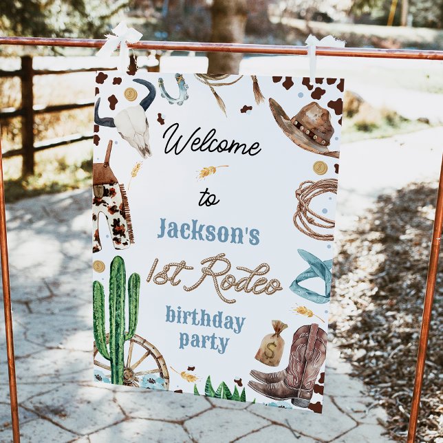 Pôster Blue Brown Western First Rodeo - Sinal de primeiro (Editable Boys First Rodeo 1st Birthday Welcome Sign, Cowboy Birthday Party Welcome Poster, Western)