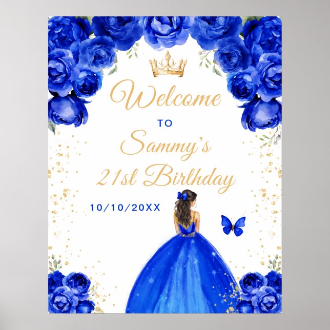 Poster Blue Brunette Hair Princess Birthday (Frente)