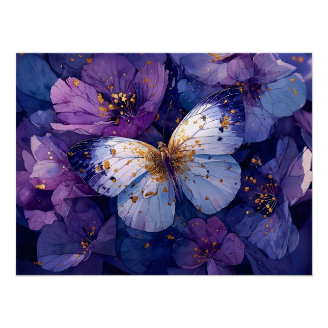 Pôster Blue Butterfly on Purple Flowers (Frente)