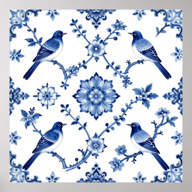 Poster Blue Chinoiserie Bird Floral Pattern (Frente)