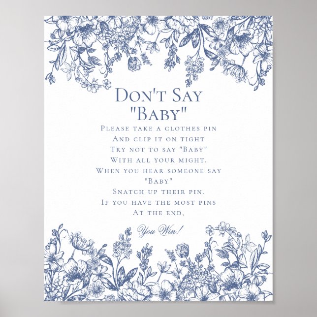 Poster Blue Chinoiserie Dont Say Baby Shower Game (Frente)