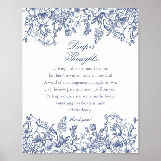Poster Blue Chinoiserie Flora Diaper Thoughts Baby Shower (Frente)