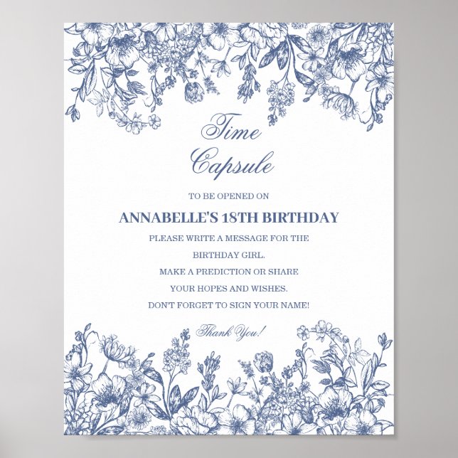 Poster Blue Chinoiserie Floral Time Capsule Baby Birthday (Frente)