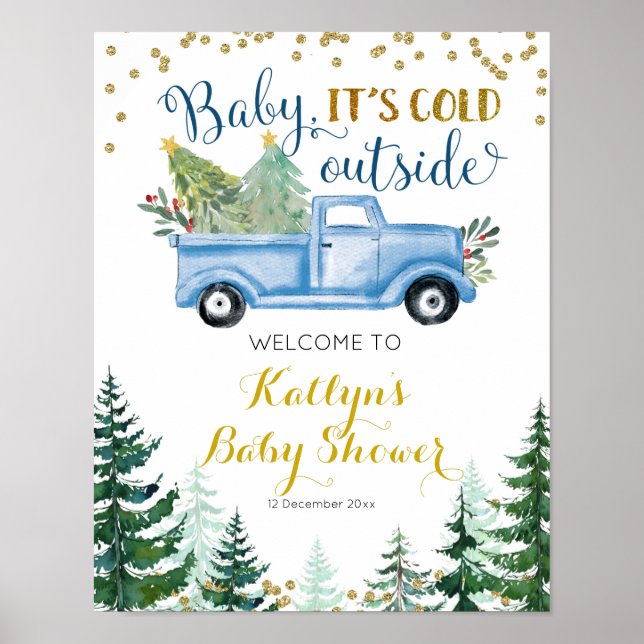 Poster Blue Christmas Truck Baby Shower Welcome Sign (Frente)