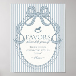 Poster Blue Coquette Bow Rocking Horse Stripe Favors Sign