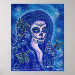 Poster Blue day of the dead art by Renee Lavoie