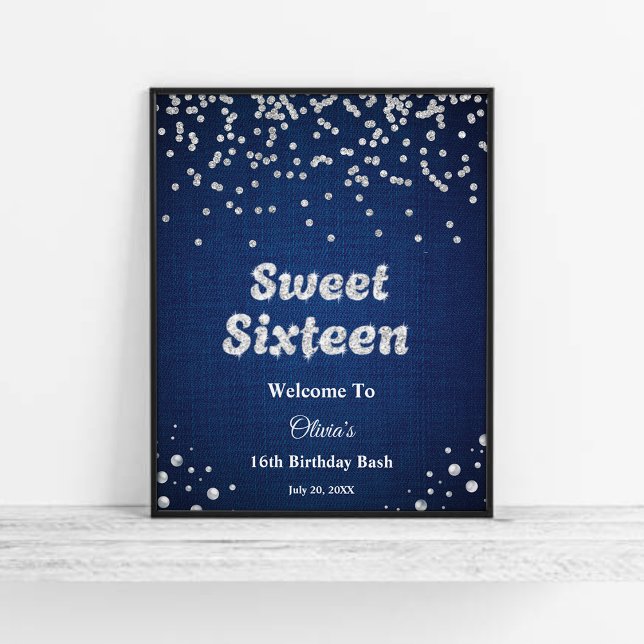 Poster Blue Denim Sweet Sessenta e dezesseis Aniversários (Blue Denim Sweet Sixteen 16th Birthday Welcome Sign )