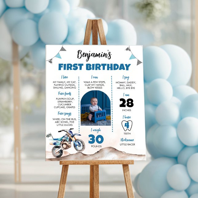 Poster Blue Dirt Bike Birthday Party Milestone Sign (Criador carregado)