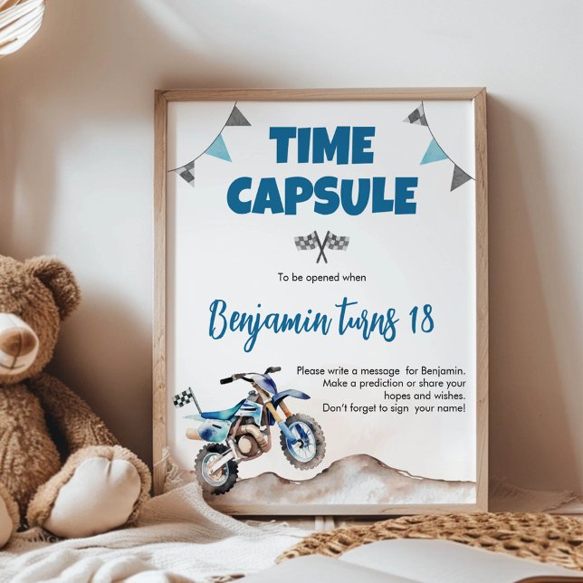 Poster Blue Dirt Bike Boy Birthday Time Capsule Sign (Criador carregado)
