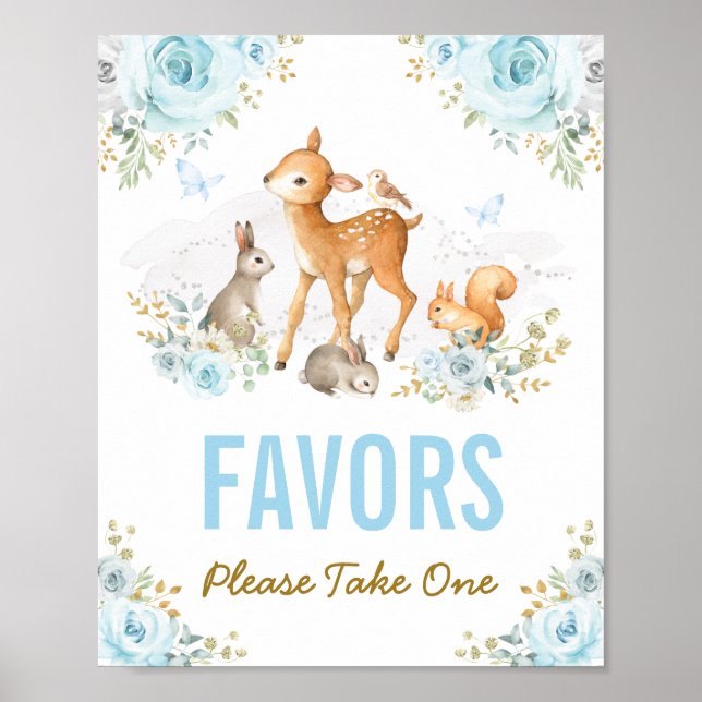 Poster Blue Dourado Floral Woodland Animal Favorece Sinal (Frente)