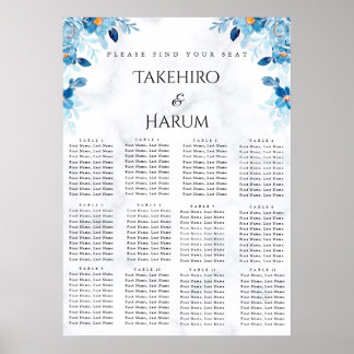 Poster Blue Elegant flower summer wedding seating chart 