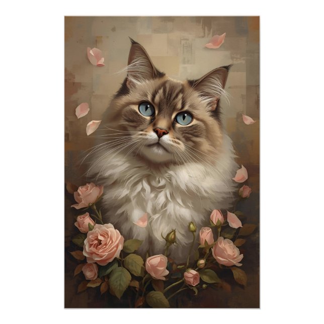 Pôster Blue-Eyed Cat with Roses – Elegant Floral Poster (Frente)