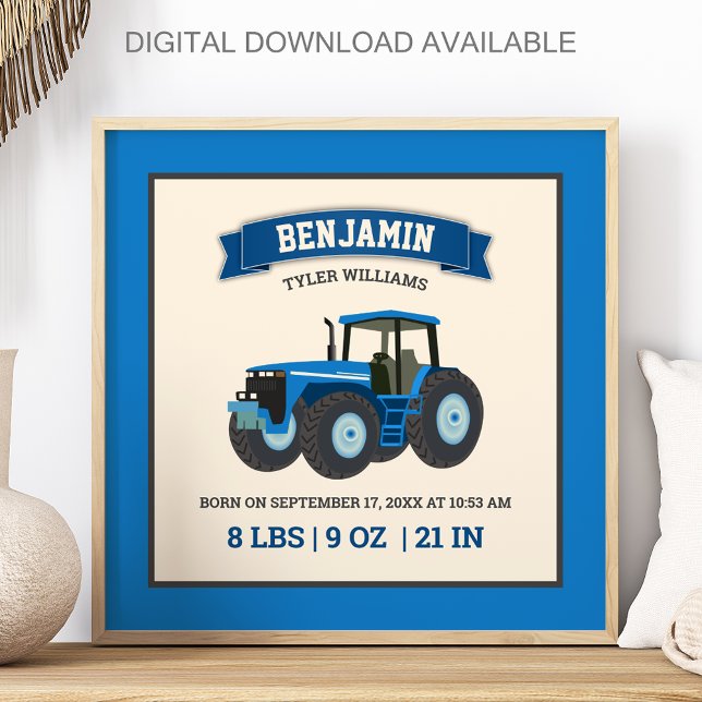 Poster Blue Farm Tractor Baby Birth Stats (Criador carregado)