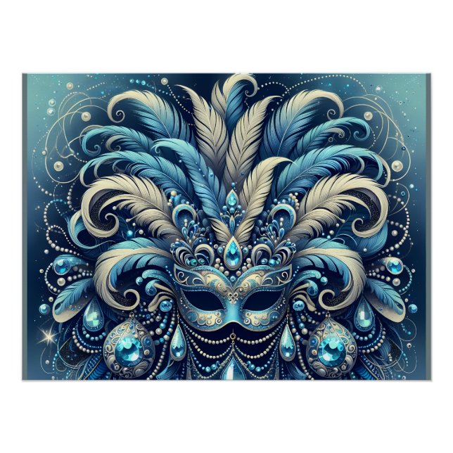 Pôster Blue Feather Masquerade Mask Illustration (Frente)